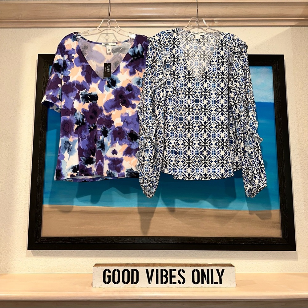 White House Black Market Purple Floral and Blue Geometric Blouses